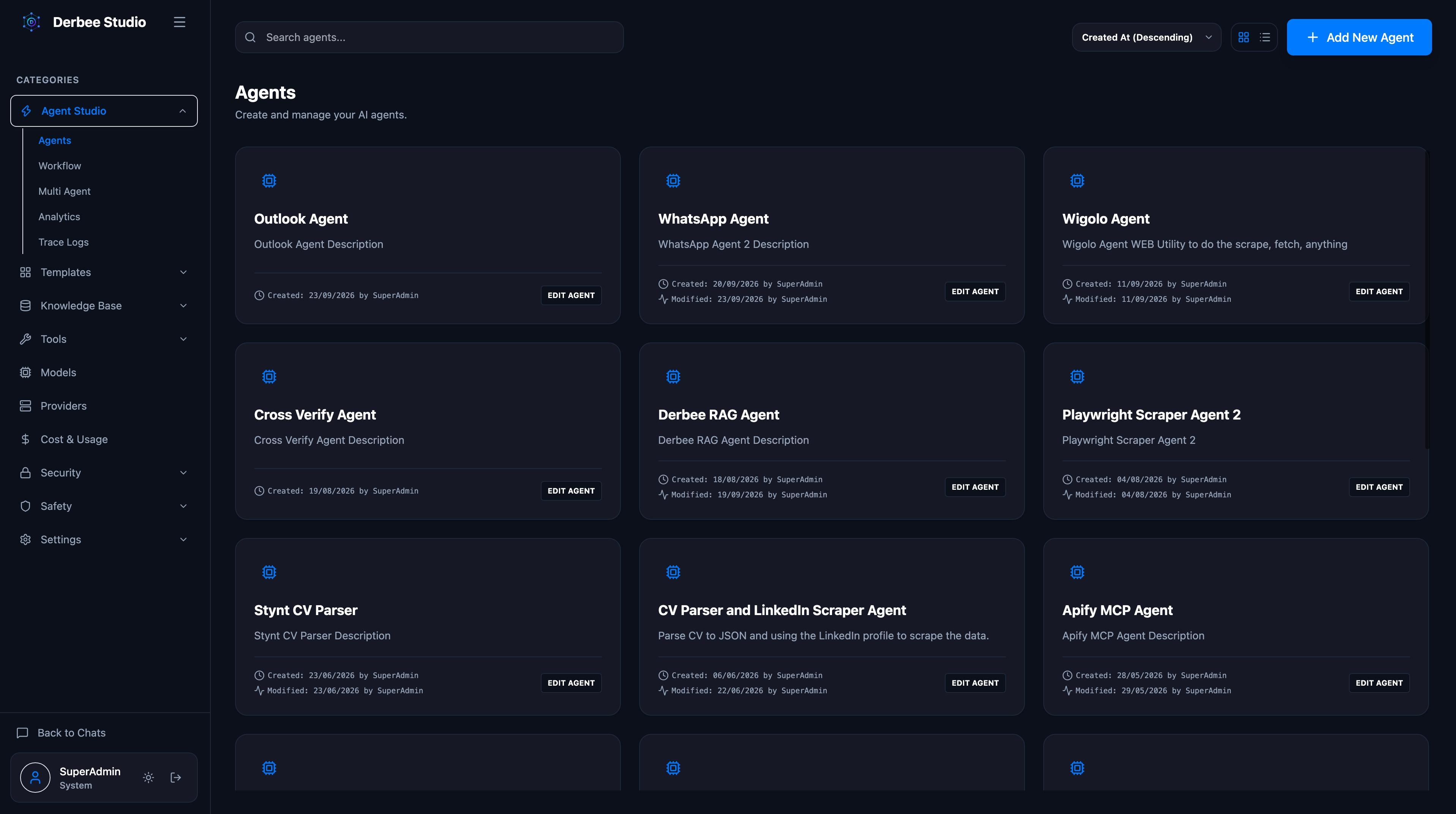 Derbee Studio agents workspace showing multi-agent orchestration and intelligence layer
